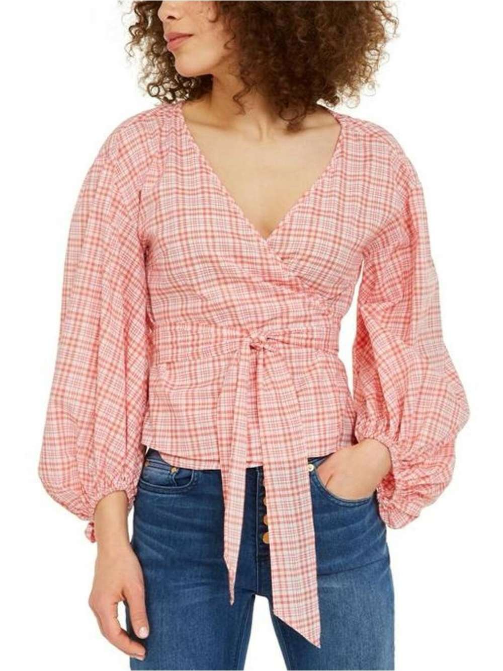 Michael Michael Kors Womens Plaid Tie-Front Wrap Top Orange